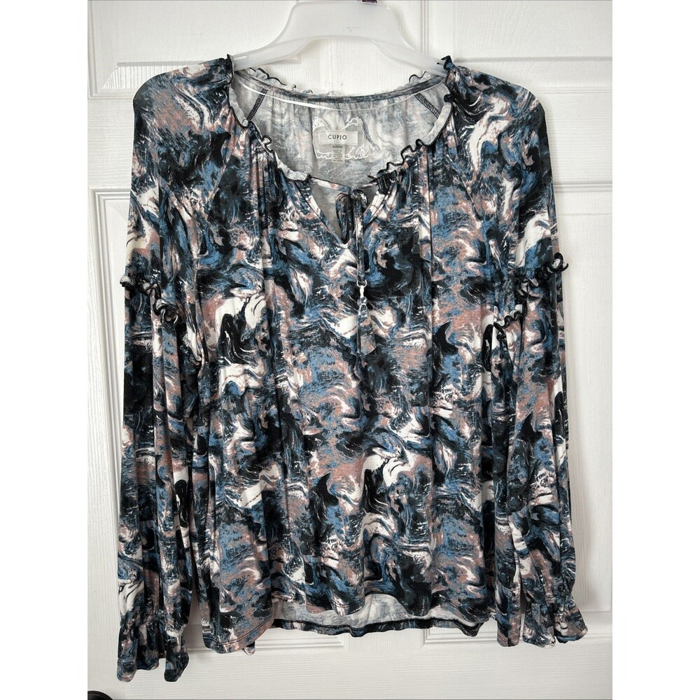 CUPIO Women’s Long Sleeve Ruffled Floral Print Blouse Top Size XL Blue